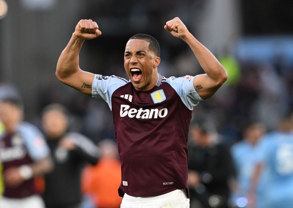 Youri Tielemans of Aston Villa celebrating after a soccer game.