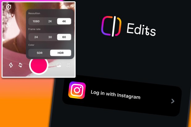 Screenshot of Edits app showing video settings and Instagram login option.