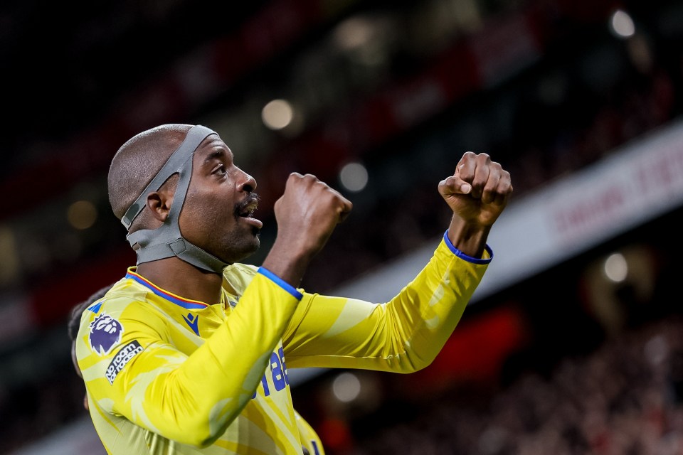 Jean-Philippe Mateta of Crystal Palace celebrates scoring a goal.