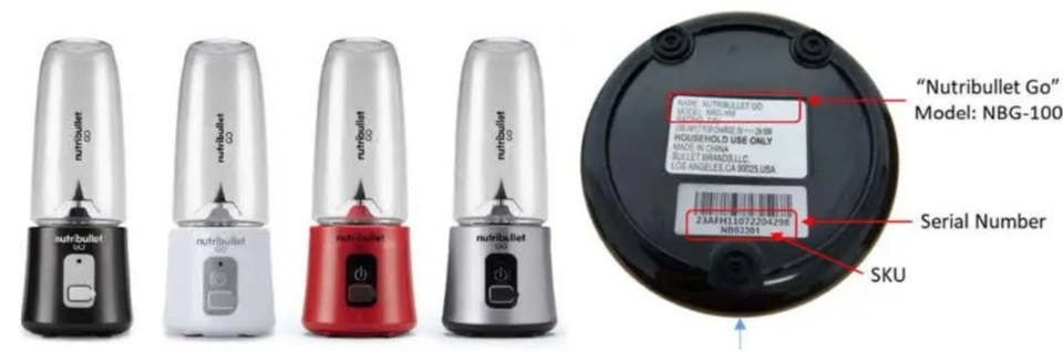 Product recall notice for Nutribullet Go NBG-100 rechargeable blender.
