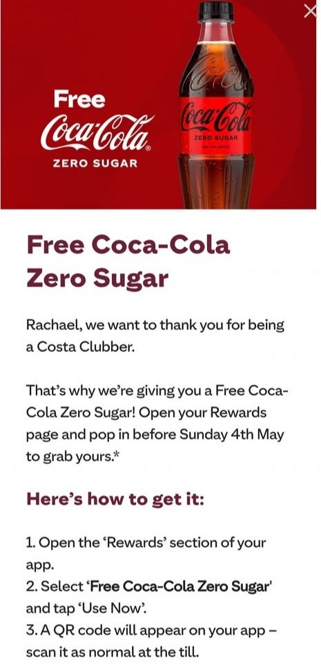 Screenshot of a Costa Club rewards offer for a free Coca-Cola Zero Sugar.