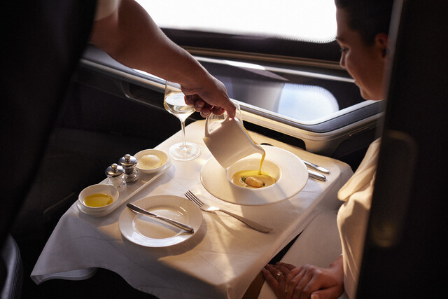 First-class airline passenger being served soup.