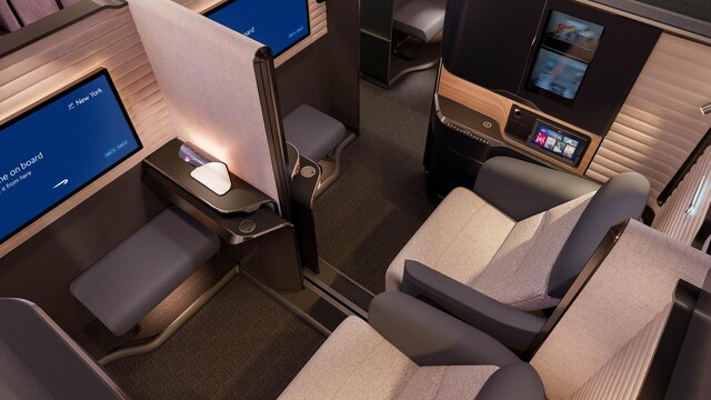 British Airways first-class cabin seats and entertainment systems.