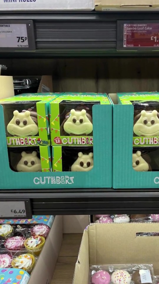 Aldi Cuthbert chocolate boxes on shelves.