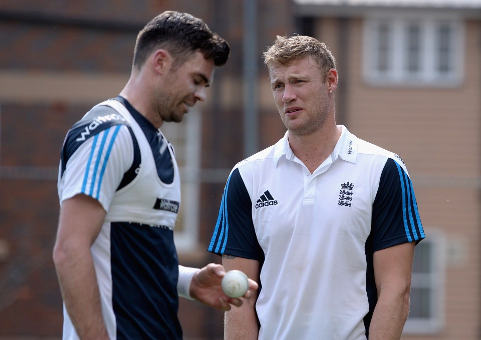 Andrew Flintoff and James Anderson, English cricket players, talking during a nets session.