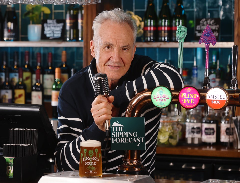 Larry Lamb presenting a pub garden weather report.