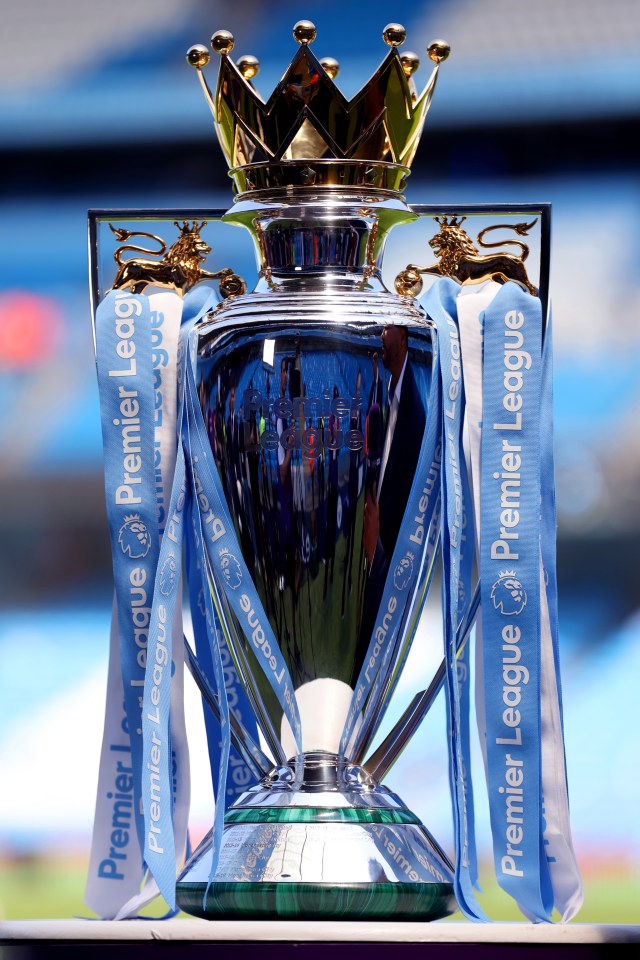 Premier League trophy with light blue ribbons.