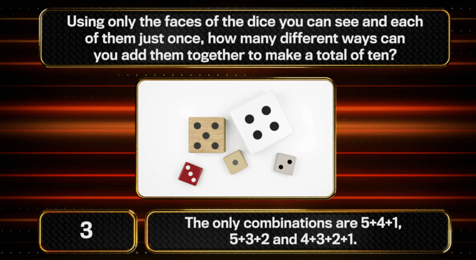 Dice puzzle: find combinations adding up to 10.