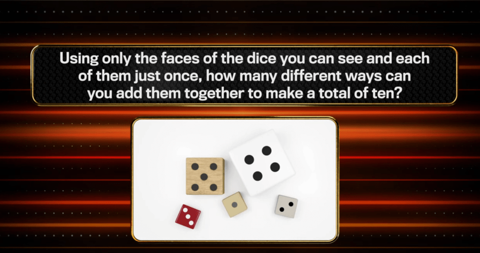 Illustration of dice and a question asking how many ways the visible faces can be added to equal ten.