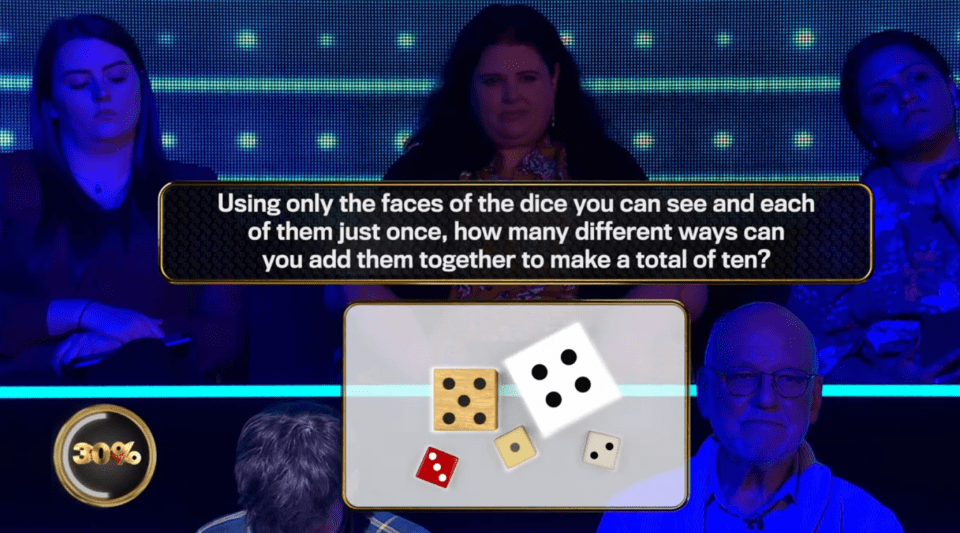 Dice puzzle: How many ways can you combine the visible dice faces to get a sum of ten?