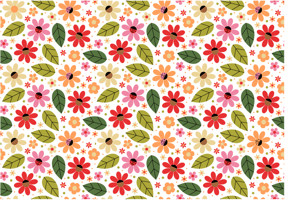 Illustration of a floral pattern with ladybugs.