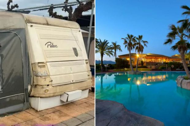 An image collage containing 2 images, Image 1 shows A dilapidated caravan in Benidorm, Spain, needing TLC, purchased for €3,000, Image 2 shows Swimming pool at night, illuminated building in the background, palm trees