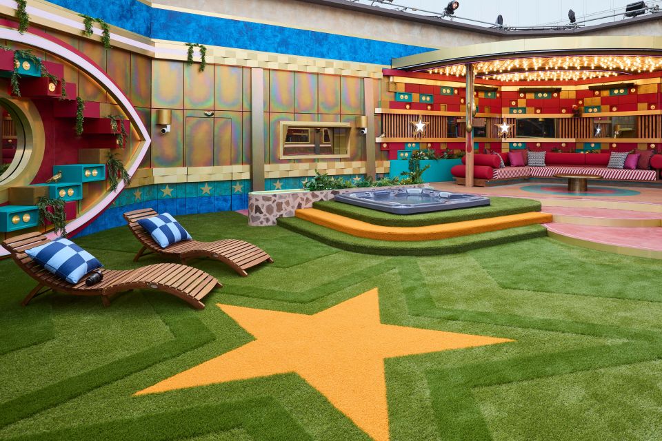 Celebrity Big Brother house garden with hot tub and lounge area.