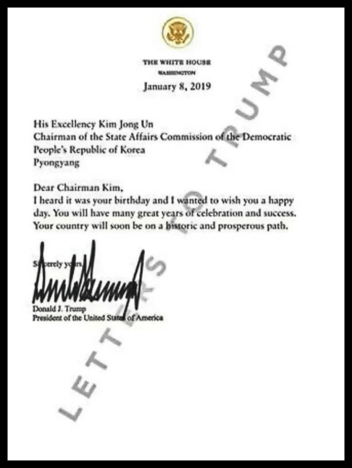 Letter from Donald Trump to Kim Jong Un.