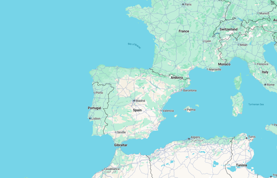 Map of Spain and Portugal, with surrounding countries.
