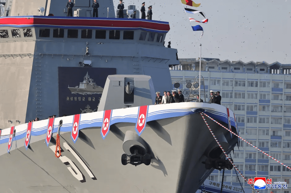 North Korean warship at its launch ceremony.
