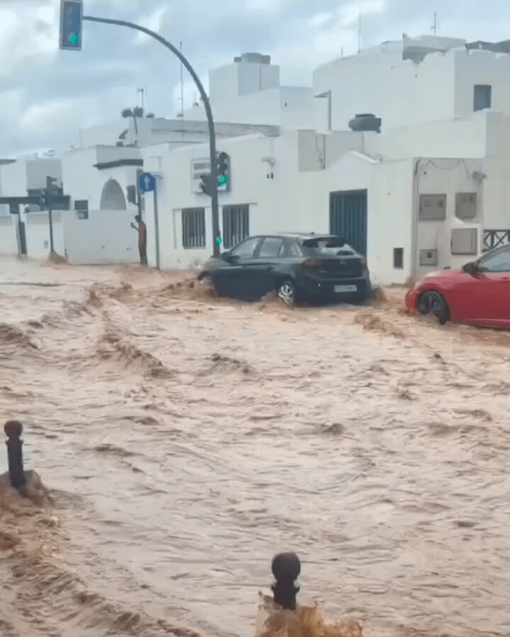 Flooded street with cars partially submerged.