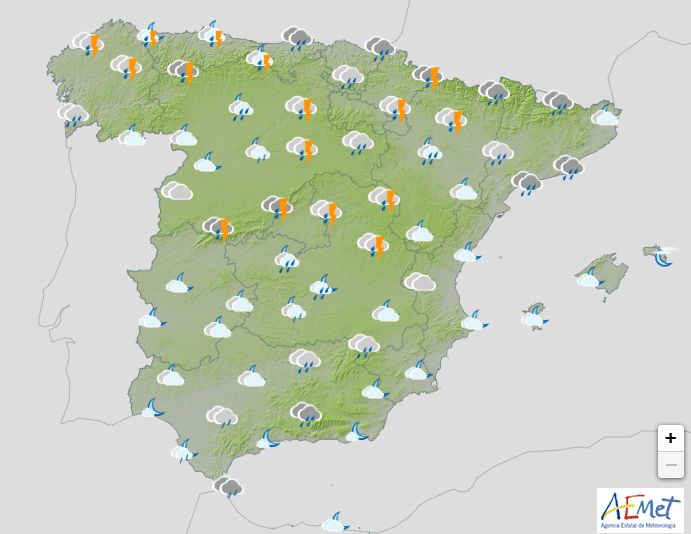 Weather forecast map of Spain showing rain and thunderstorms.