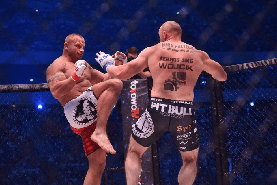 Two MMA fighters in a cage match.