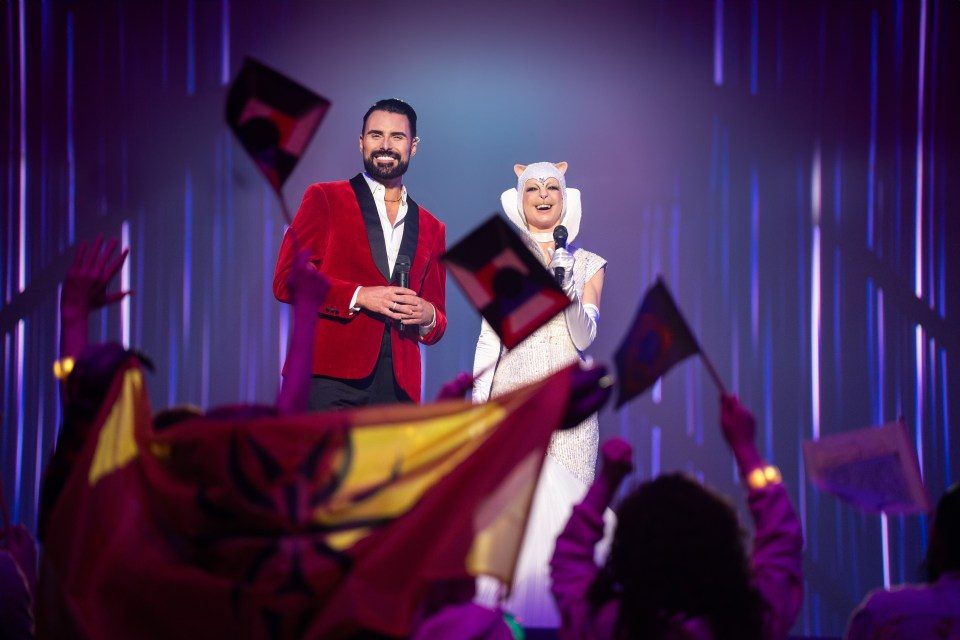 Rylan Clark and Sabine presenting at the Interstella Song Contest.