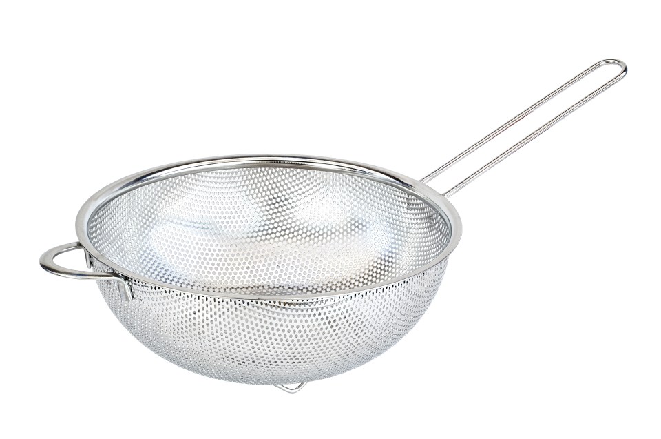 Stainless steel colander with handle.