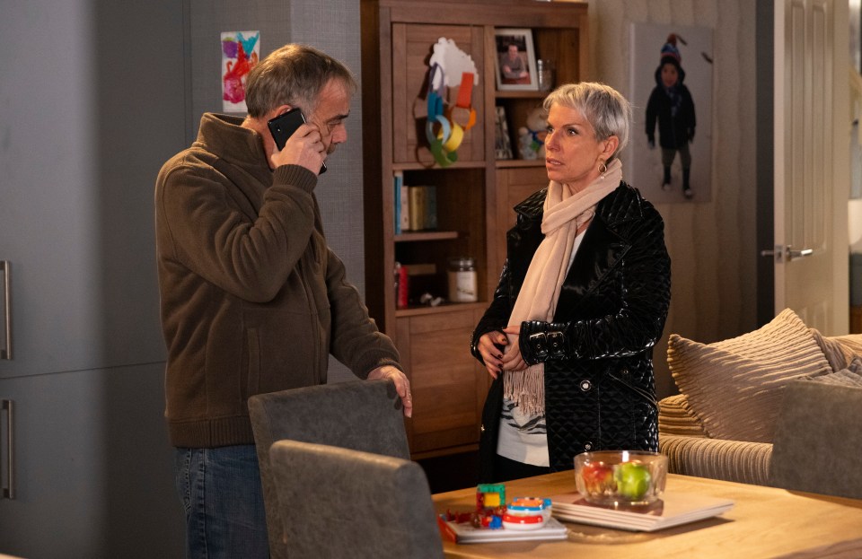 Kevin Webster and Debbie Webster worriedly discuss a phone call.