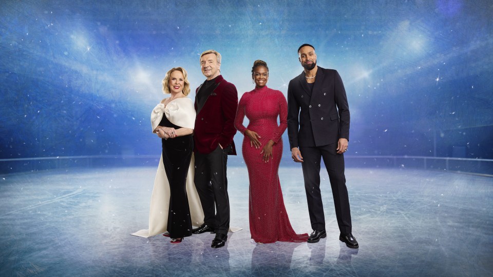 Promotional photo of Dancing on Ice judges and hosts on an ice rink.