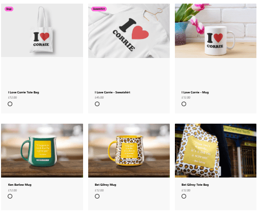 Collage of Coronation Street merchandise including tote bags, mugs, and a sweatshirt.