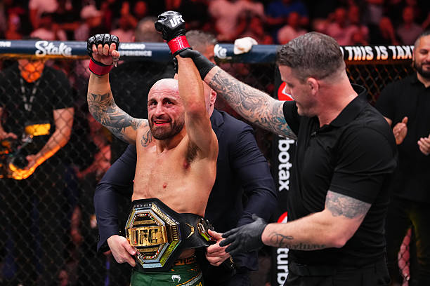 MIAMI, FLORIDA - APRIL 12: Alexander Volkanovski of Australia reacts after a victory against Diego Lopes of Brazil in the UFC featherweight championship bout during the UFC 314 event at Kaseya Center on April 12, 2025 in Miami, Florida. (Photo by Cooper Neill/Zuffa LLC)