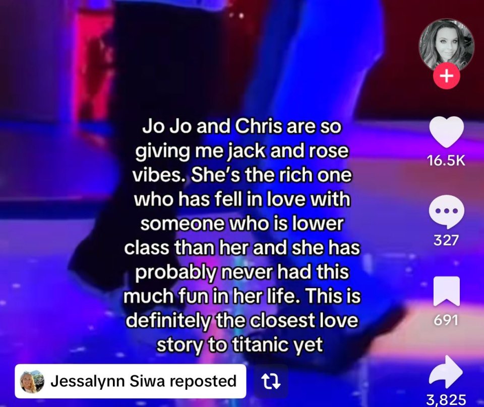 Screenshot of a TikTok post comparing JoJo and Chris's relationship to Jack and Rose from Titanic.