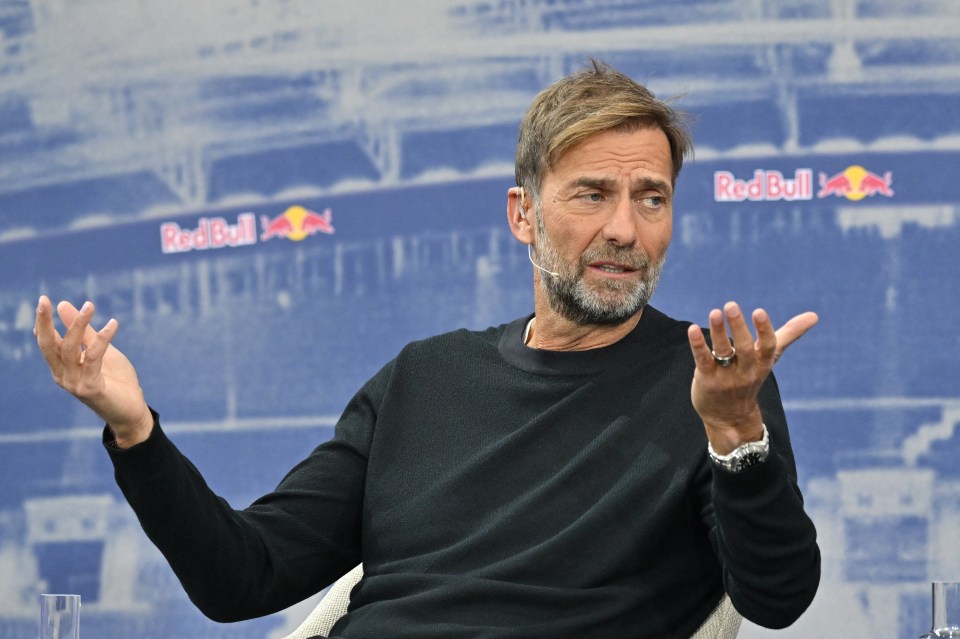 Jurgen Klopp speaking at a Red Bull press presentation.