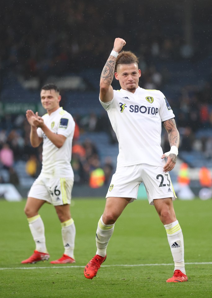 Kalvin Phillips of Leeds United celebrating a victory.
