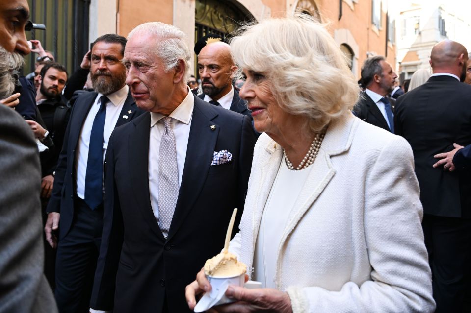 King Charles III and Queen Camilla in Rome, Italy, visiting an ice cream shop.