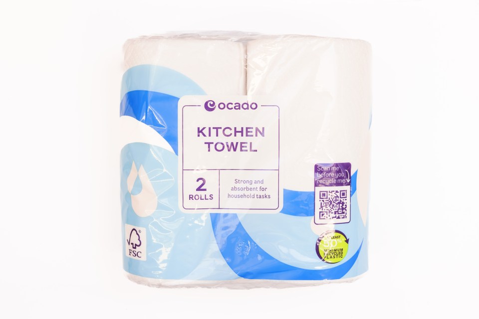 Two rolls of Ocado kitchen towels.