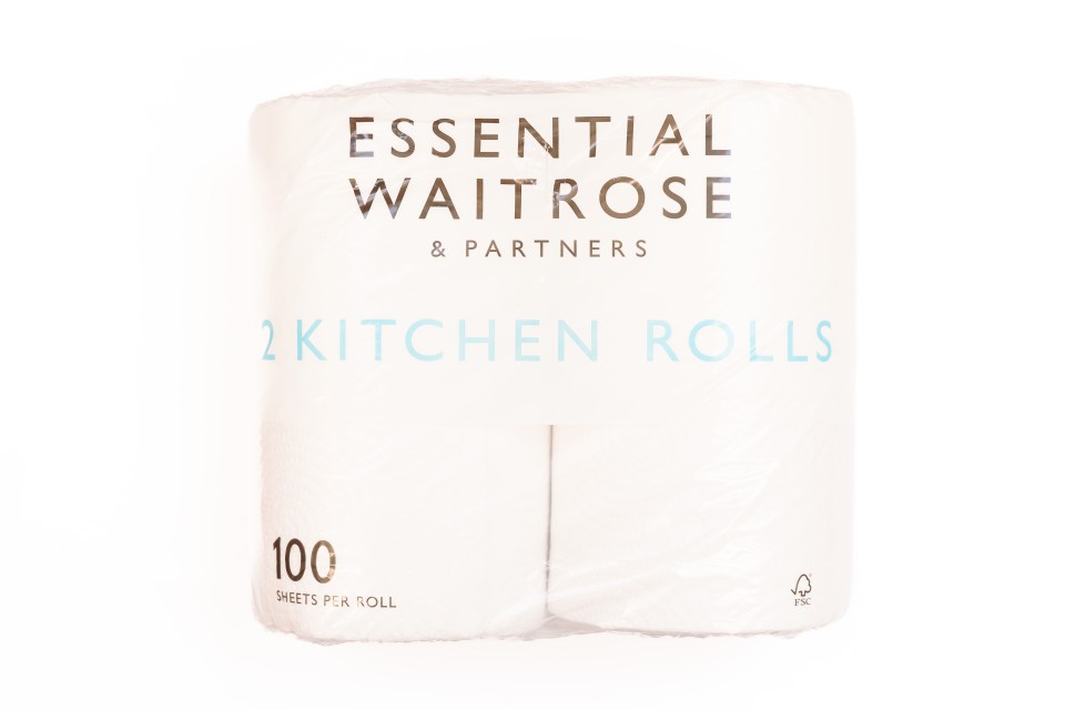 Two Waitrose Essential kitchen rolls, 100 sheets per roll.
