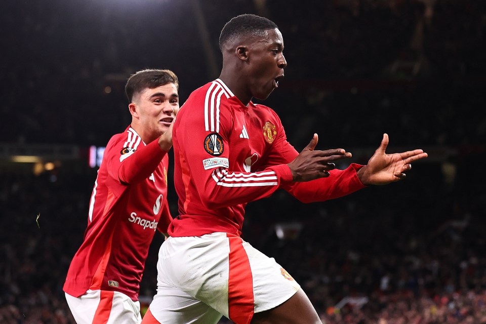 Kobbie Mainoo of Manchester United celebrating a goal.
