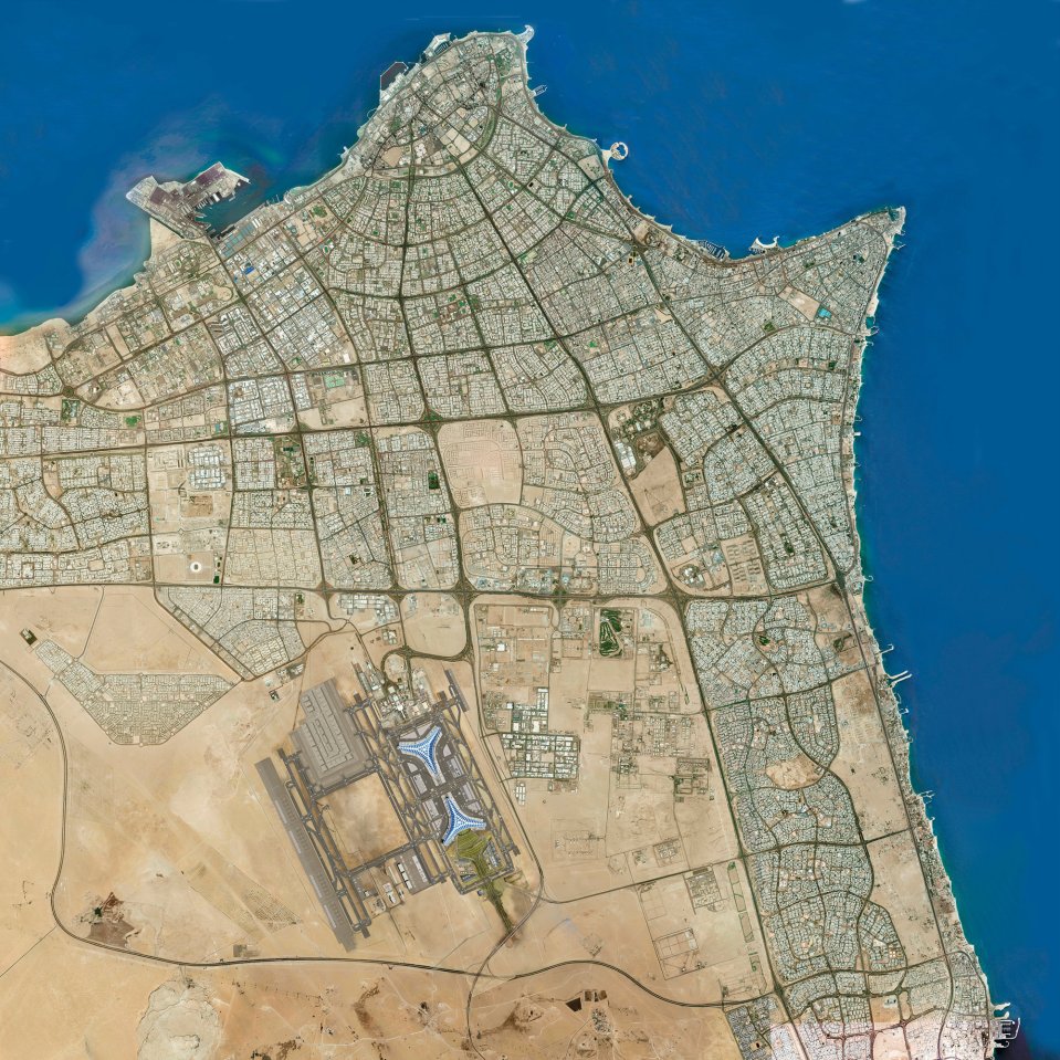 Aerial view of Kuwait International Airport and surrounding area.