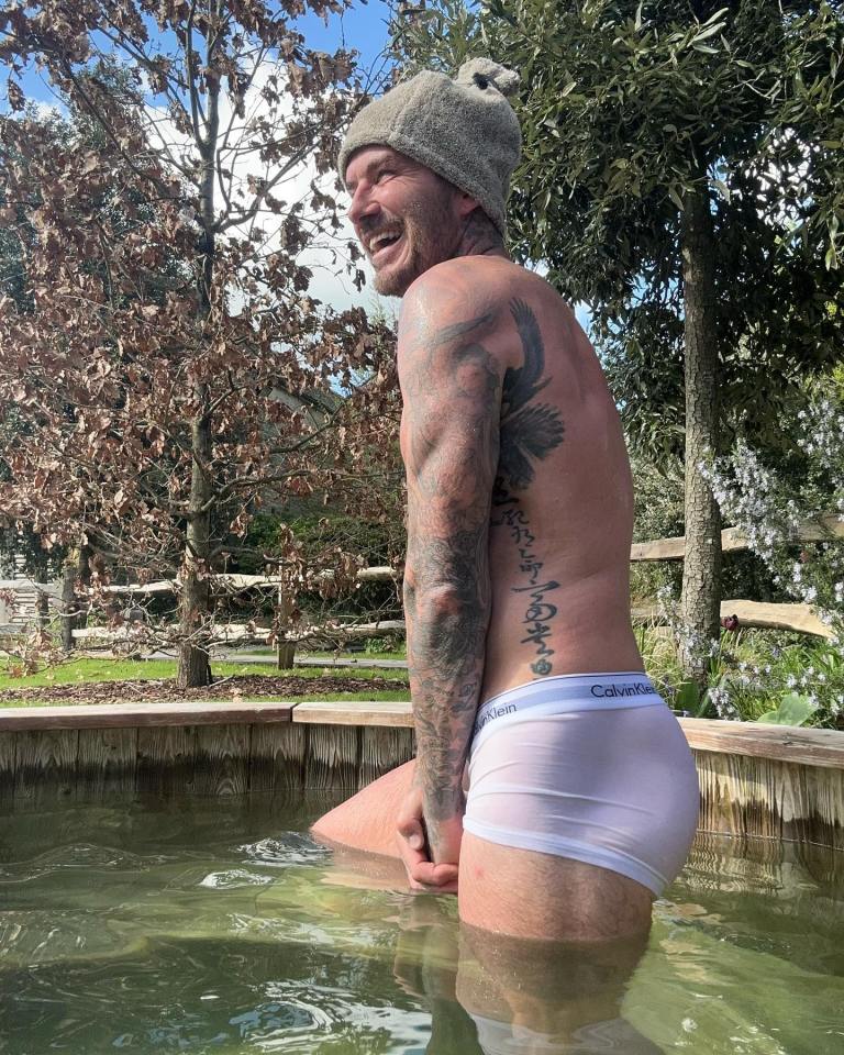 David Beckham in a hot tub wearing Calvin Klein underwear and a beanie.