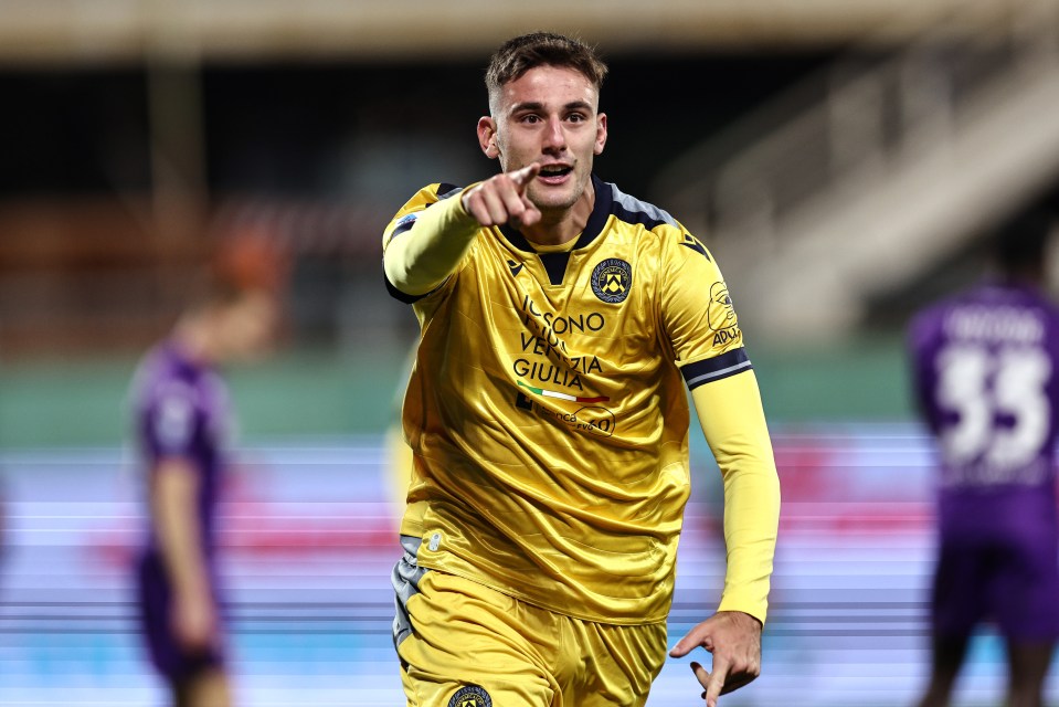Lorenzo Lucca of Udinese celebrating a goal.