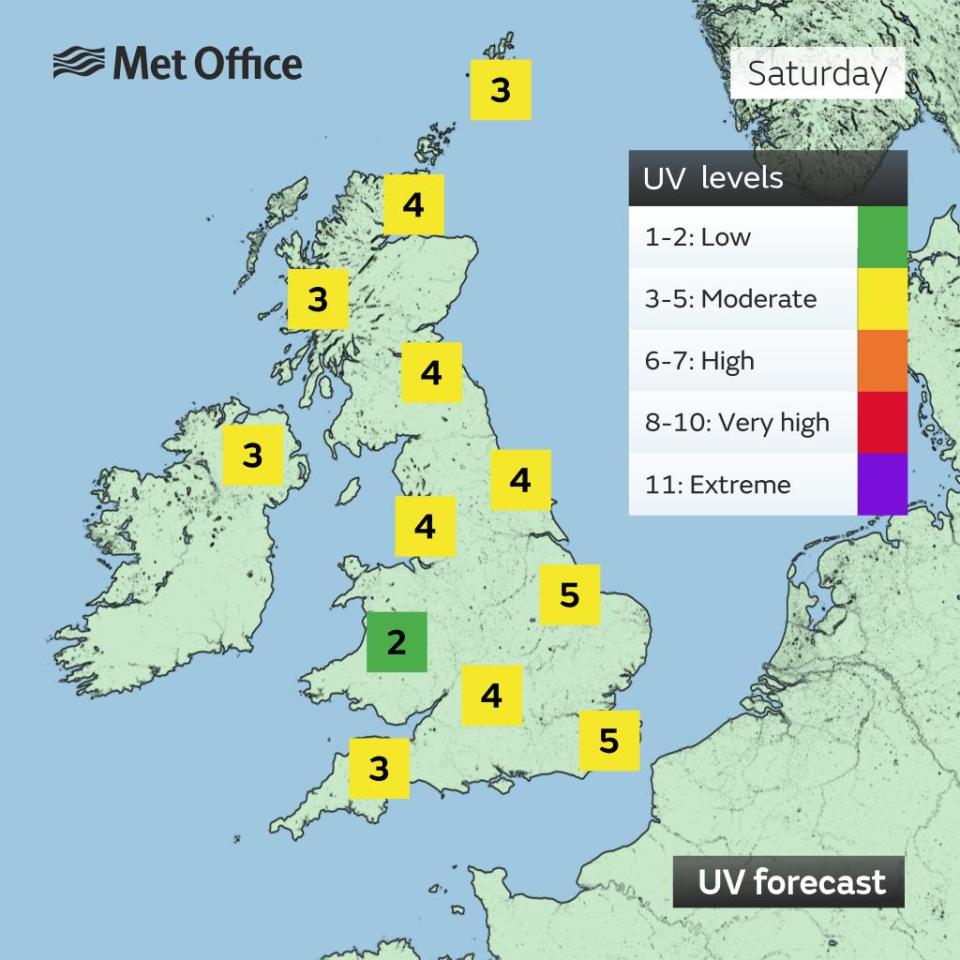 Map of the UK showing UV forecast for Saturday, with seven pollen bomb hotspots.