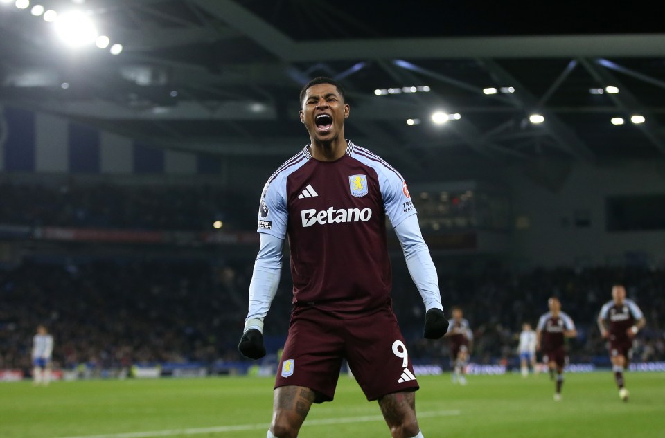 Marcus Rashford of Aston Villa celebrating a goal.
