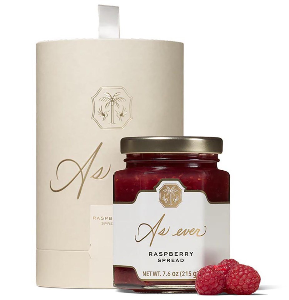 Jar of As Ever raspberry spread in a gift box.