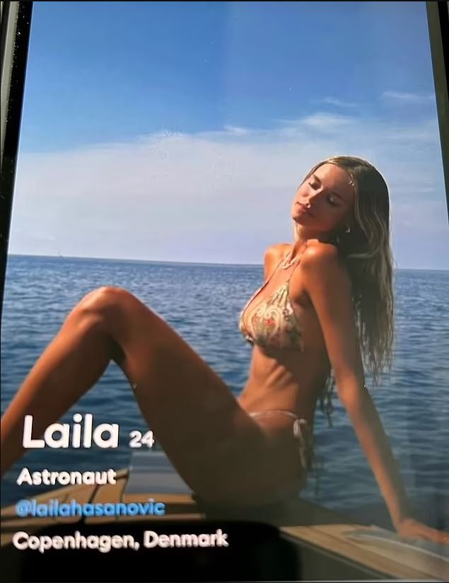 Laila's dating profile; photo of her in a bikini on a boat.