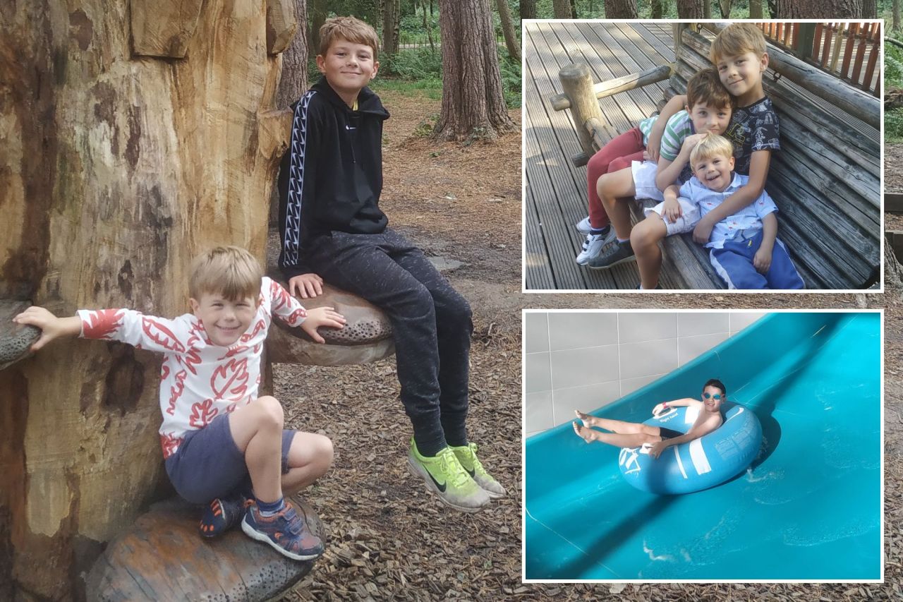 An image collage containing 3 images, Image 1 shows Three boys playing on a wooden tree stump structure in a forest, Image 2 shows Three young boys hugging on a wooden bench, Image 3 shows Boy on water slide in inner tube
