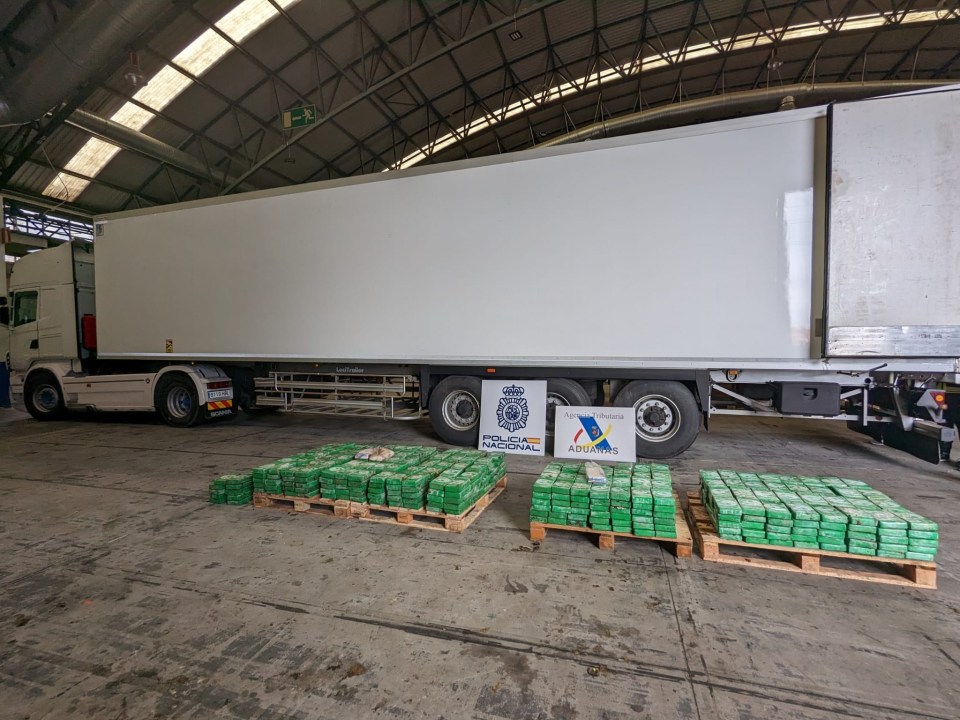 Seized cocaine bricks on pallets next to a truck.