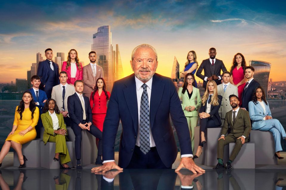 An image collage containing 1 images, Image 1 shows Lord Alan Sugar with the Apprentice series 19 candidates