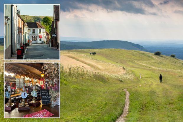 An image collage containing 3 images, Image 1 shows Hikers on a path across rolling hills, Image 2 shows Jack and Jill Inn bar in Clayton, Image 3 shows Street scene in Ditchling, East Sussex