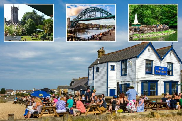 An image collage containing 4 images, Image 1 shows Patrons seated at picnic tables outside the Old Neptune Pub on a beach, Image 2 shows People dining at an outdoor cafe by a lake, Image 3 shows People gathered at outdoor seating under a bridge overlooking a river and city, Image 4 shows Church tower and garden with picnic tables