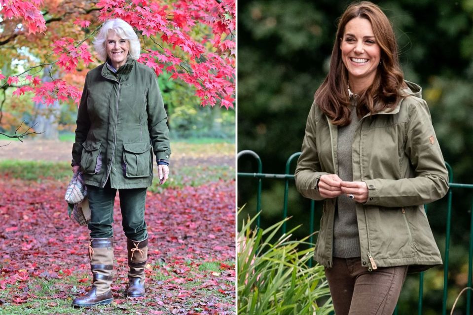 An image collage containing 2 images, Image 1 shows Camilla, Duchess of Cornwall, standing among autumn leaves, Image 2 shows Catherine, Duchess of Cambridge, visiting Sayers Croft Forest School and Wildlife Garden