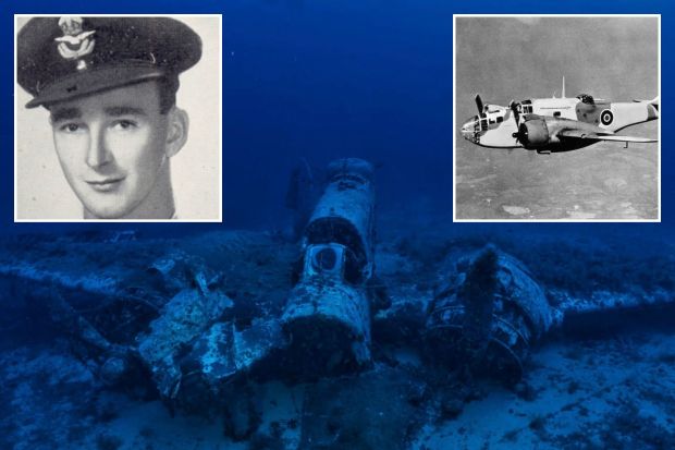 An image collage containing 3 images, Image 1 shows Underwater wreckage of a World War II bomber, Image 2 shows Black and white photo of Leslie Norman Row, a British airman, Image 3 shows Black and white photo of a Martin Baltimore bomber in flight